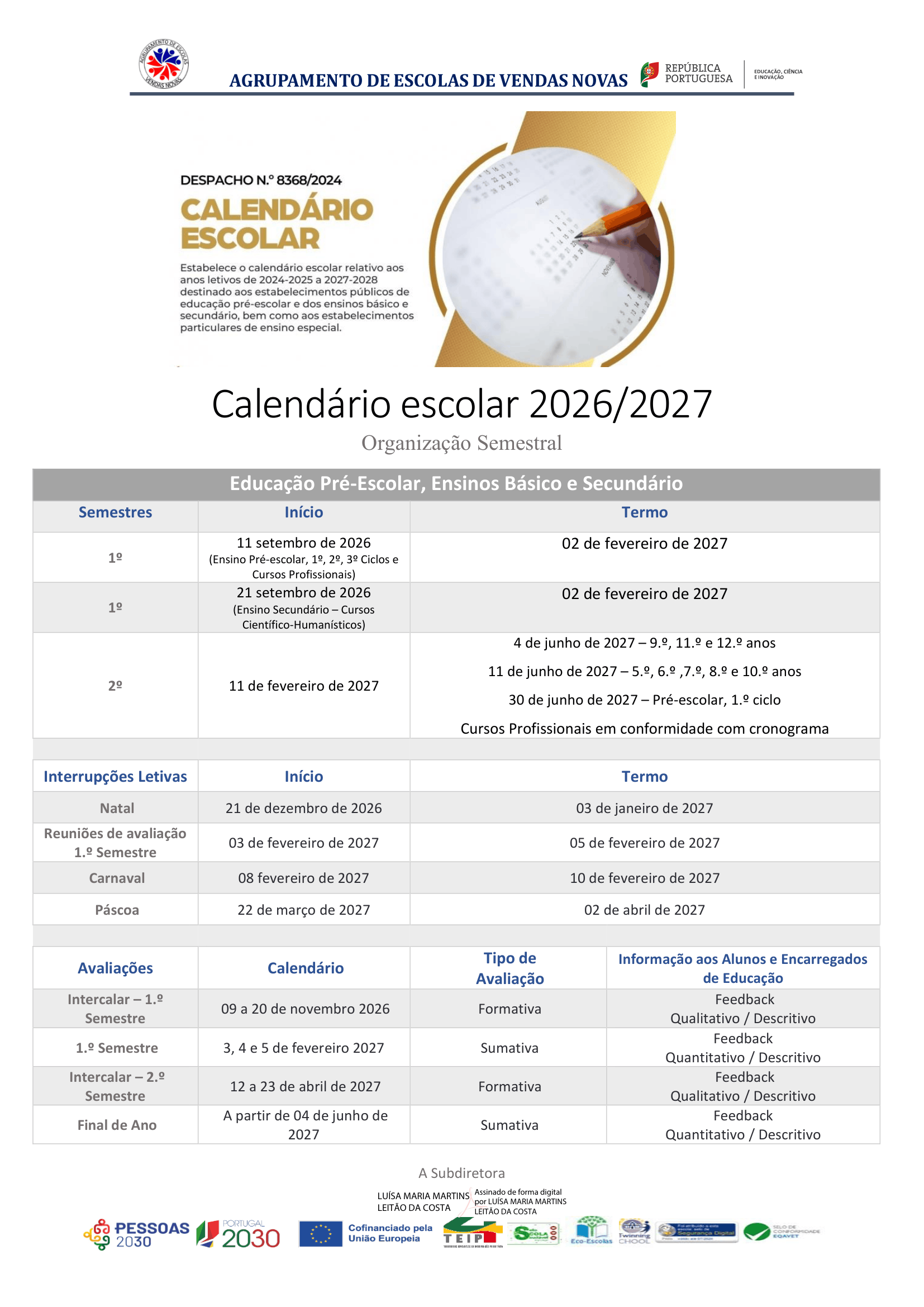 Calendário Escolar 2026/2027