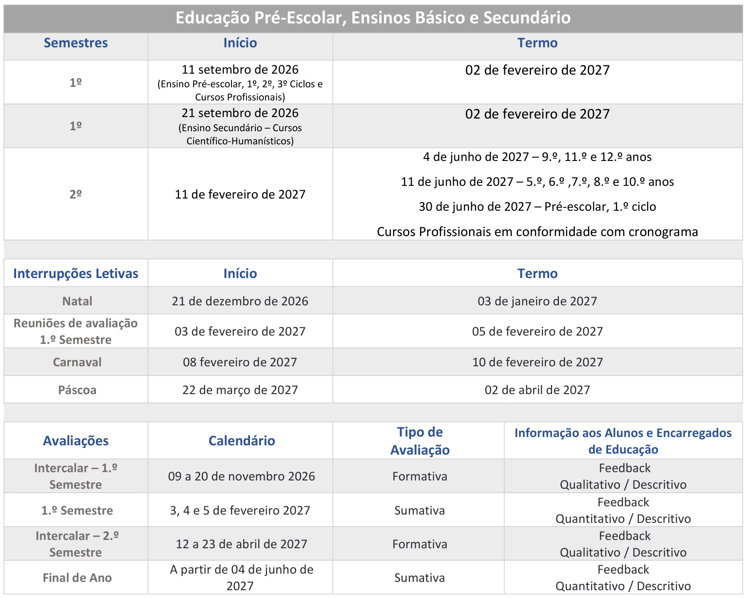Calendário Escolar 2026/2027